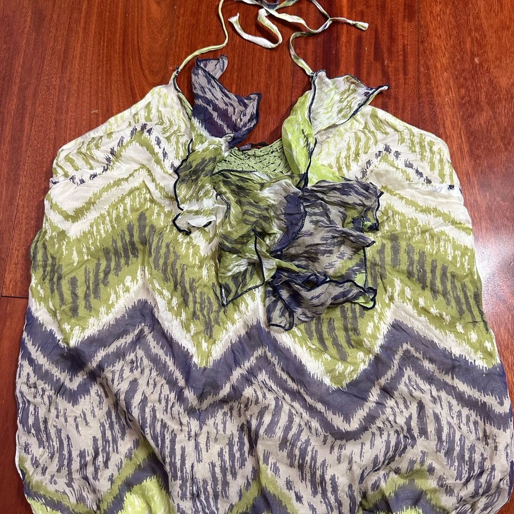 Hale Bob 100% Silk Halter Top Blouse Cropped Chevron Ikat Green XS